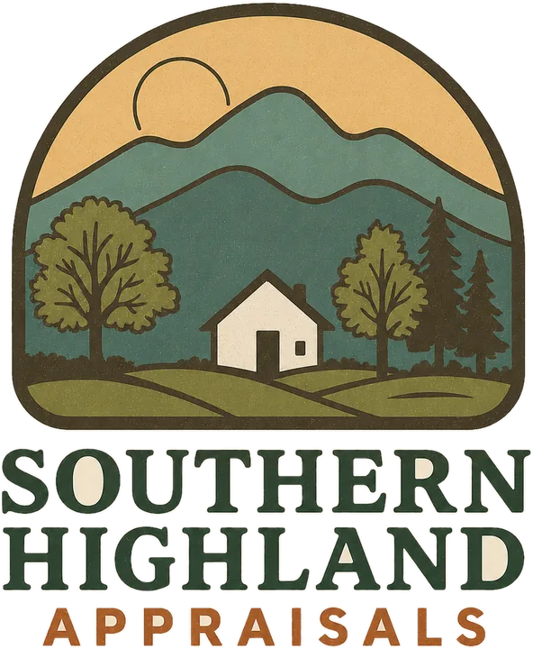 Southern Highland Appraisals logo: a small house beneath layered Blue Ridge mountains